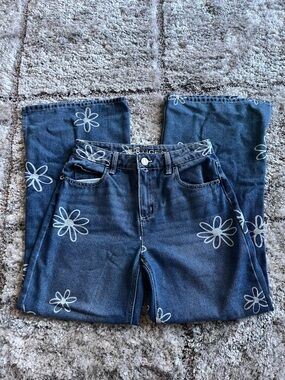 Justice Dark Blue Denim Flare Jeans with White Floral Print
